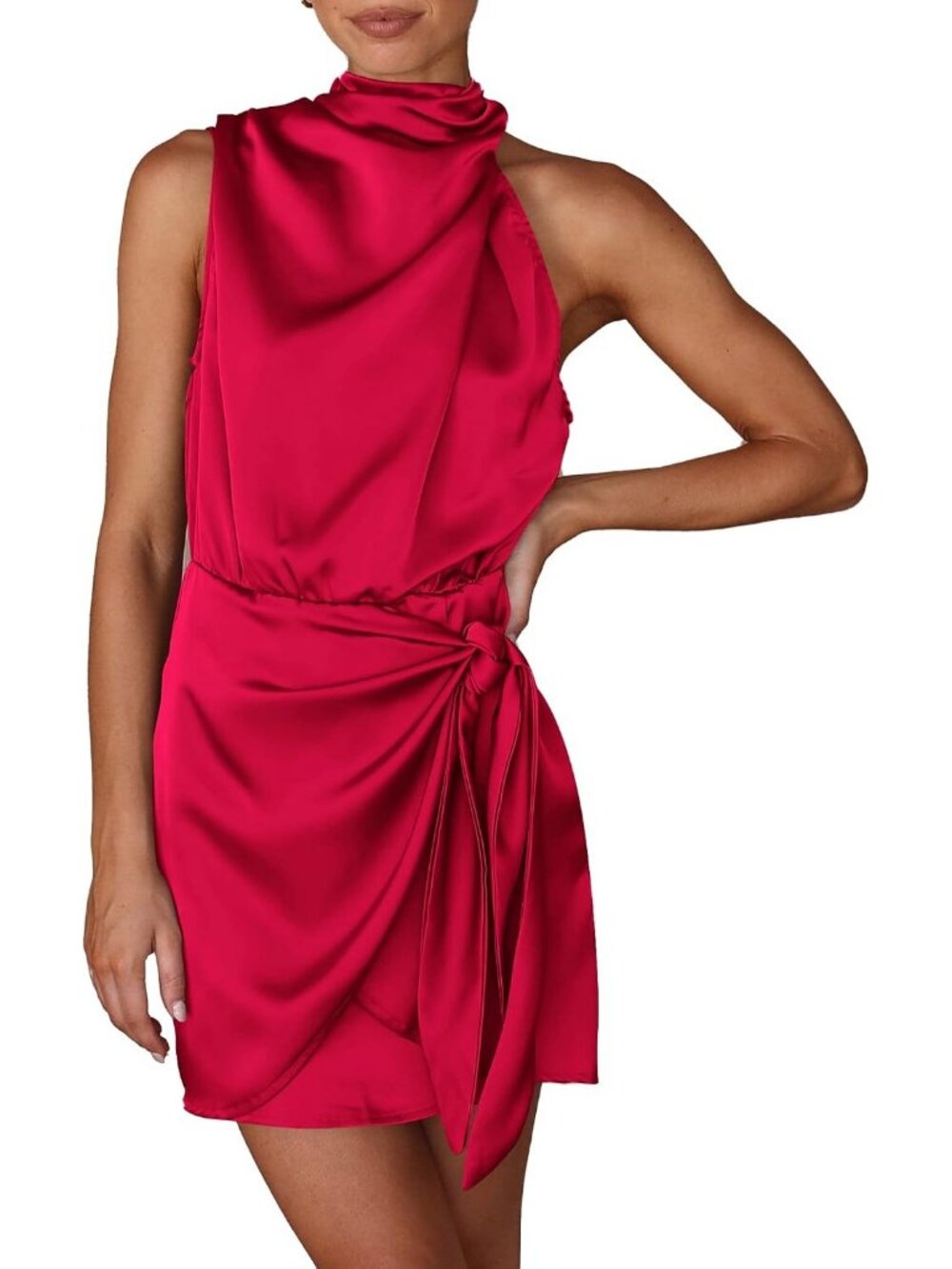 Women's Red Sleeveless Mock Neck Formal Satin Tie Waist Tank Top Dress